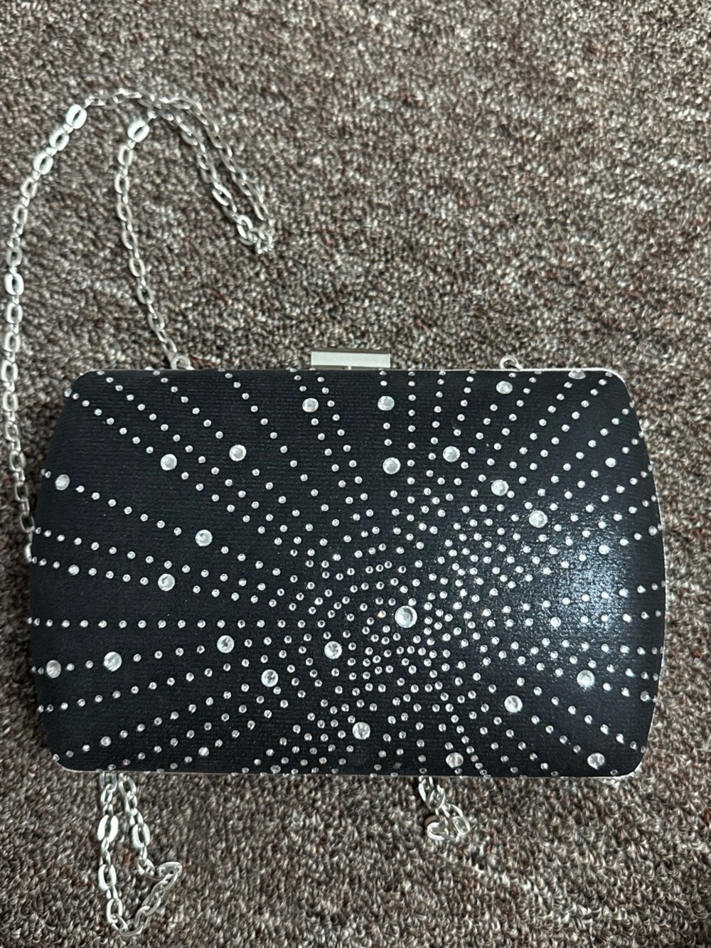 Black Crystal-Embellished Evening Clutch with Silver Chain